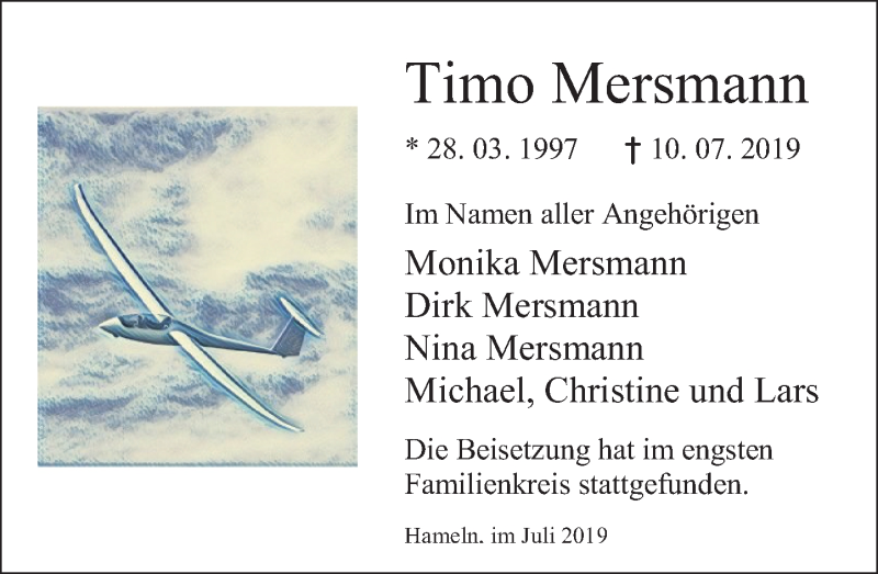 Traueranzeige für Timo Mersmann vom 27.07.2019 aus Deister- und Weserzeitung