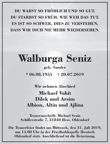 Traueranzeige von Walburga Seniz von Deister- und Weserzeitung
