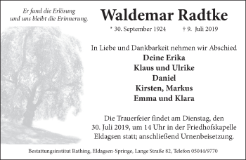 Traueranzeige von Waldemar Radtke von Neue Deister-Zeitung