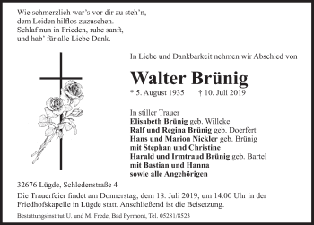 Traueranzeige von Walter Brünig von Deister- und Weserzeitung