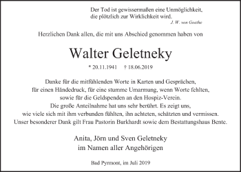 Traueranzeige von Walter Geletneky von Deister- und Weserzeitung
