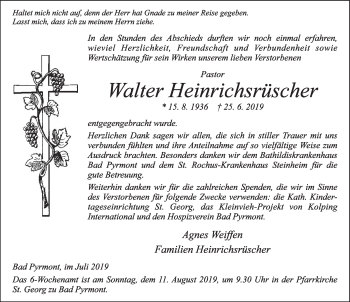 Traueranzeige von Walter Heinrichsrüscher von Deister- und Weserzeitung