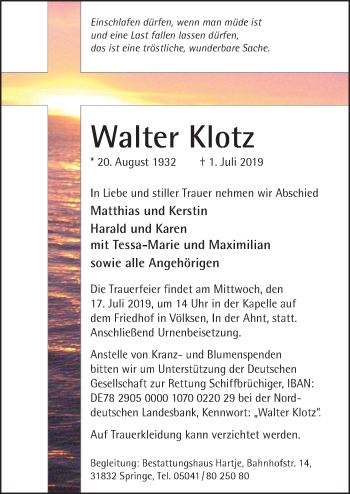 Traueranzeige von Walter Klotz von Neue Deister-Zeitung