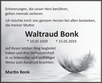 Traueranzeige von Waltraud Bonk von Deister- und Weserzeitung