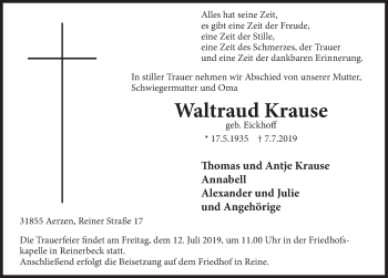 Traueranzeige von Waltraud Krause von Deister- und Weserzeitung