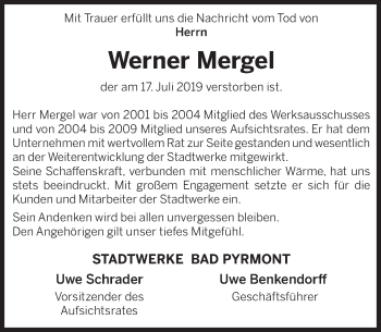Traueranzeige von Werner Mergel von Deister- und Weserzeitung
