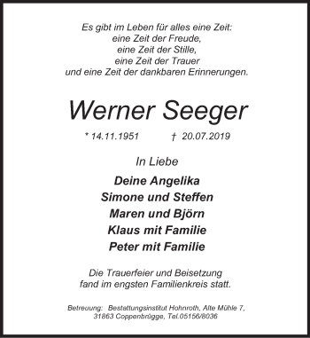 Traueranzeige von Werner Seeger von Deister- und Weserzeitung