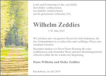 Traueranzeige von Wilhelm Zeddies von Deister- und Weserzeitung