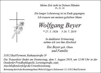 Traueranzeige von Wolfgang Beyer von Deister- und Weserzeitung