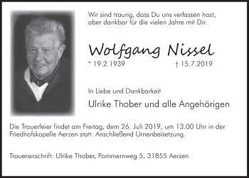 Traueranzeige von Wolfgang Nissel von Deister- und Weserzeitung