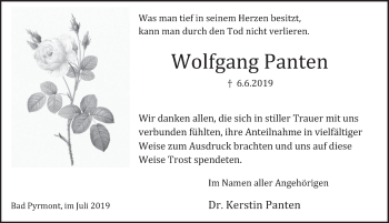 Traueranzeige von Wolfgang Panten von Deister- und Weserzeitung