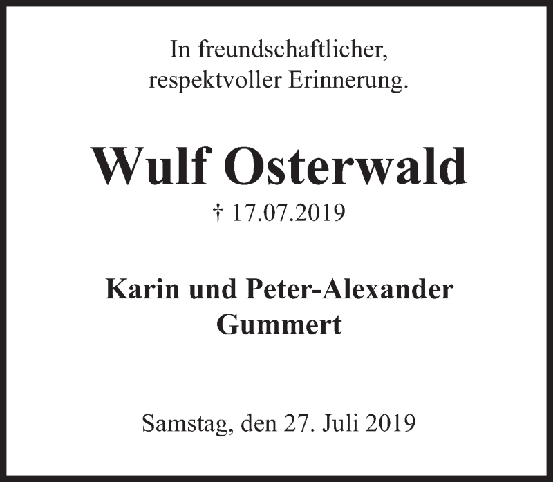  Traueranzeige für Wulf Osterwald vom 27.07.2019 aus Deister- und Weserzeitung