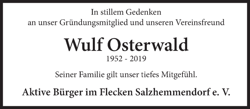  Traueranzeige für Wulf Osterwald vom 27.07.2019 aus Deister- und Weserzeitung