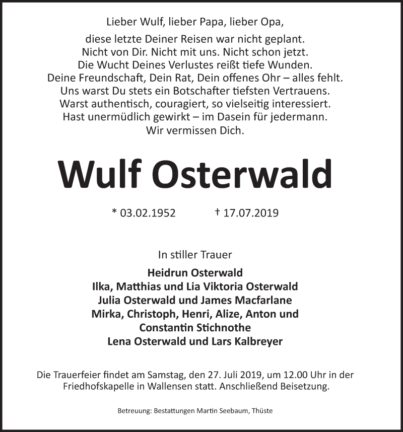  Traueranzeige für Wulf Osterwald vom 25.07.2019 aus Deister- und Weserzeitung