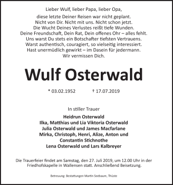 Traueranzeige von Wulf Osterwald von Deister- und Weserzeitung