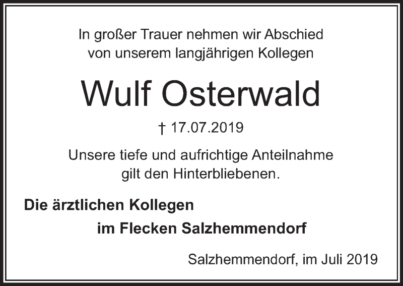  Traueranzeige für Wulf Osterwald vom 20.07.2019 aus Deister- und Weserzeitung