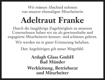 Traueranzeige von Adeltraut Franke von Neue Deister-Zeitung