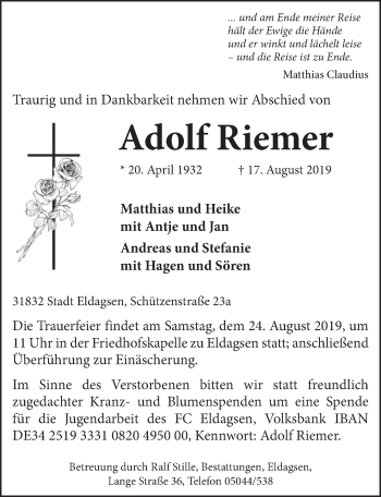 Traueranzeige von Adolf Riemer von Neue Deister-Zeitung