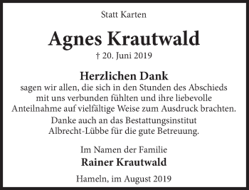 Traueranzeige von Agnes Krautwald von Deister- und Weserzeitung