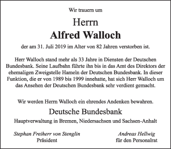 Traueranzeige von Alfred Walloch von Deister- und Weserzeitung