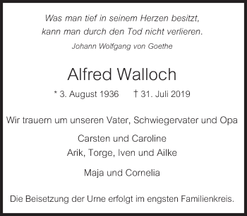 Traueranzeige von Alfred Walloch von Deister- und Weserzeitung