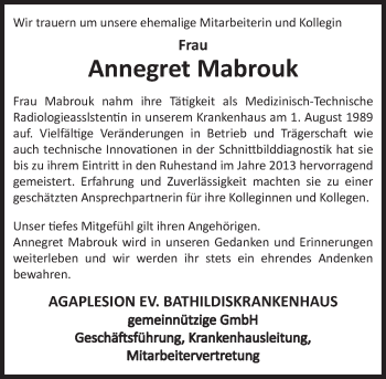 Traueranzeige von Annegret Mabrouk von Deister- und Weserzeitung