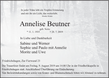 Traueranzeige von Annelise Beutner von Deister- und Weserzeitung