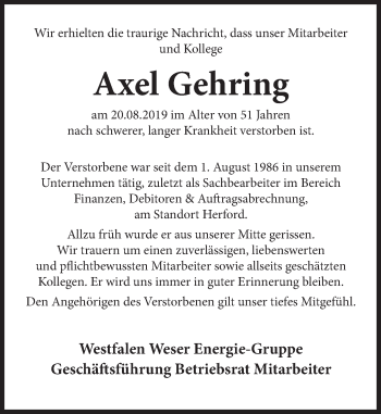 Traueranzeige von Axel Gehring von Deister- und Weserzeitung