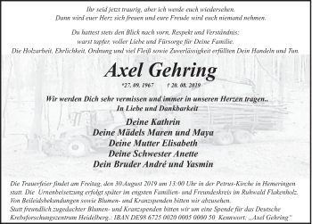 Traueranzeige von Axel Gehring von Deister- und Weserzeitung