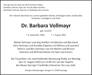 Traueranzeige von Barbara Vollmayr von Neue Deister-Zeitung