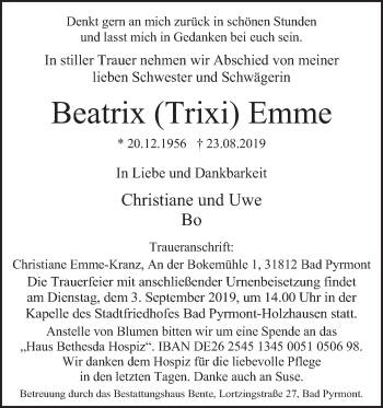 Traueranzeige von Beatrix Emme von Deister- und Weserzeitung