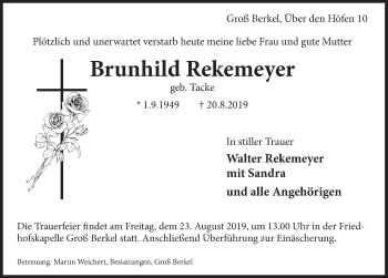 Traueranzeige von Brunhild Rekemeyer von Deister- und Weserzeitung