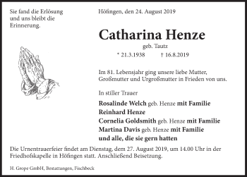 Traueranzeige von Catharina Henze von Deister- und Weserzeitung