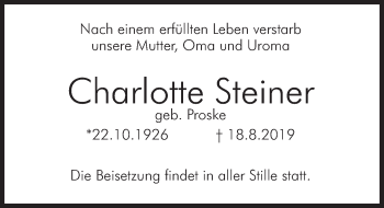 Traueranzeige von Charlotte Steiner von Deister- und Weserzeitung