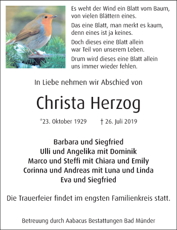 Traueranzeige von Christa Herzog von Neue Deister-Zeitung