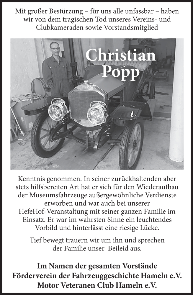  Traueranzeige für Christian Popp vom 31.08.2019 aus Deister- und Weserzeitung