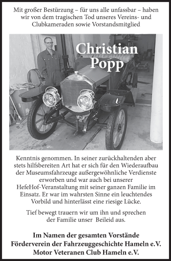 Traueranzeige von Christian Popp von Deister- und Weserzeitung