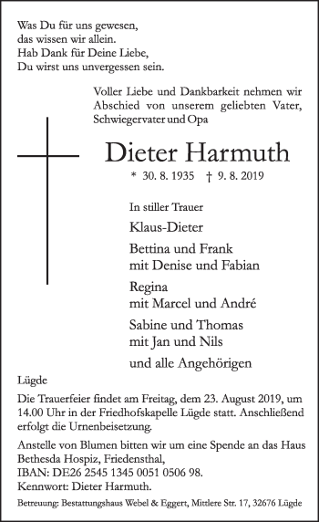 Traueranzeige von Dieter Harmuth von Deister- und Weserzeitung
