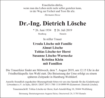 Traueranzeige von Dietrich Lösche von Deister- und Weserzeitung