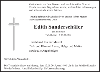 Traueranzeige von Edith Sanderschäfer von Deister- und Weserzeitung