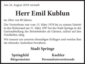Traueranzeige von Eimil Kublun von Neue Deister-Zeitung