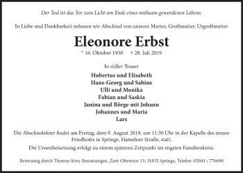 Traueranzeige von Eleonore Erbst von Neue Deister-Zeitung