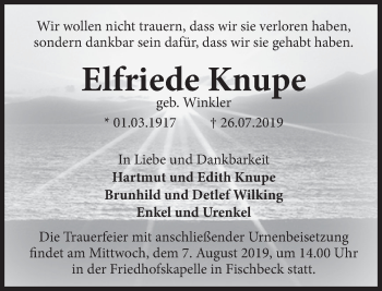 Traueranzeige von Elfriede Knupe von Deister- und Weserzeitung