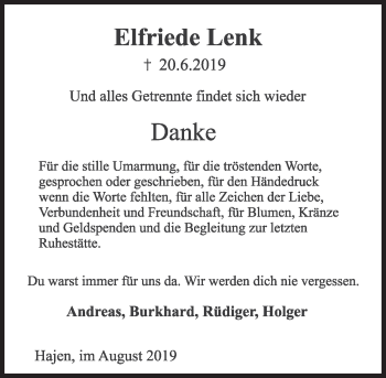 Traueranzeige von Elfriede Lenk von Deister- und Weserzeitung