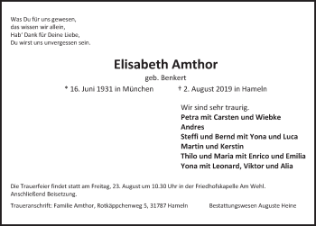 Traueranzeige von Elisabeth Amthor von Deister- und Weserzeitung