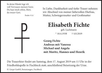 Traueranzeige von Elisabeth Fichte von Deister- und Weserzeitung