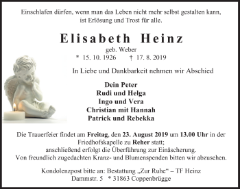 Traueranzeige von Elisabeth Heinz von Deister- und Weserzeitung