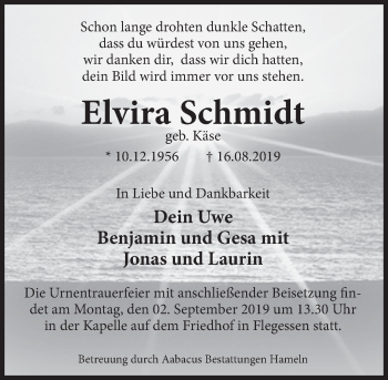 Traueranzeige von Elvira Schmidt von Deister- und Weserzeitung