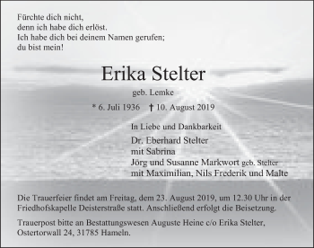 Traueranzeige von Erika Stelter von Deister- und Weserzeitung