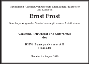 Traueranzeige von Ernst Frost von Deister- und Weserzeitung